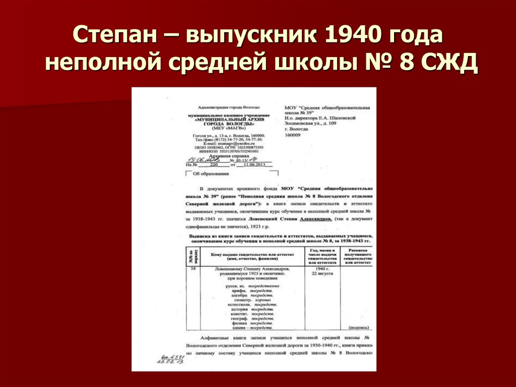 Степан – выпускник 1940 года неполной средней школы № 8 СЖД
