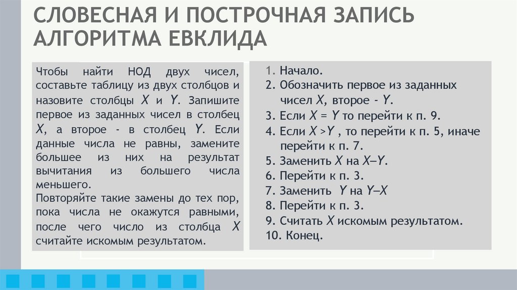 СЛОВЕСНАЯ И ПОСТРОЧНАЯ ЗАПИСЬ АЛГОРИТМА ЕВКЛИДА