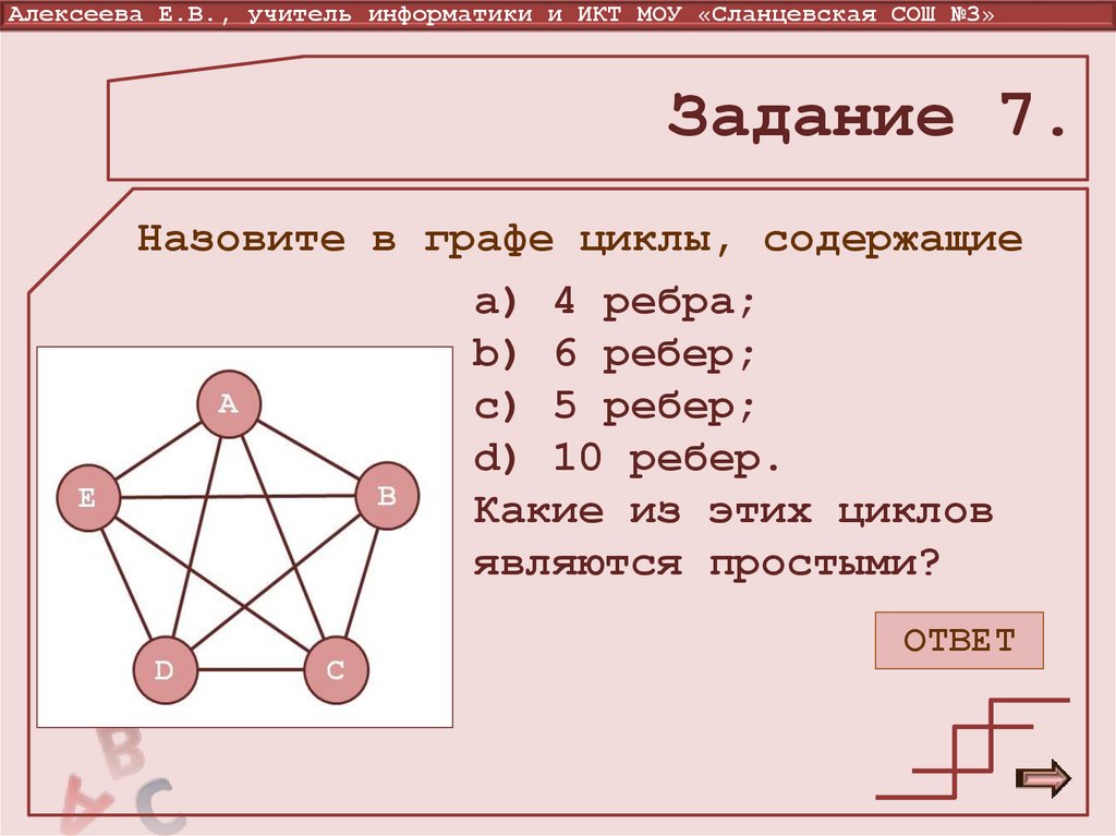 a) 4 ребра; b) 6 ребер; c) 5 ребер; d) 10 ребер. Какие из этих циклов являются простыми?