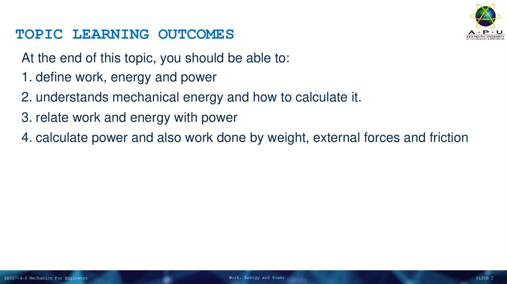 TOPIC LEARNING OUTCOMES
