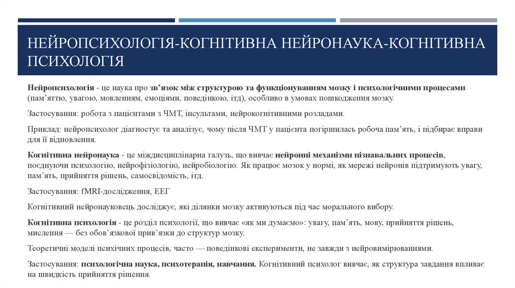 Нейропсихологія-когнітивна нейронаука-когнітивна психологія