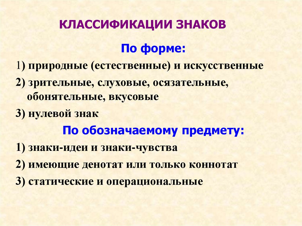 КЛАССИФИКАЦИИ ЗНАКОВ