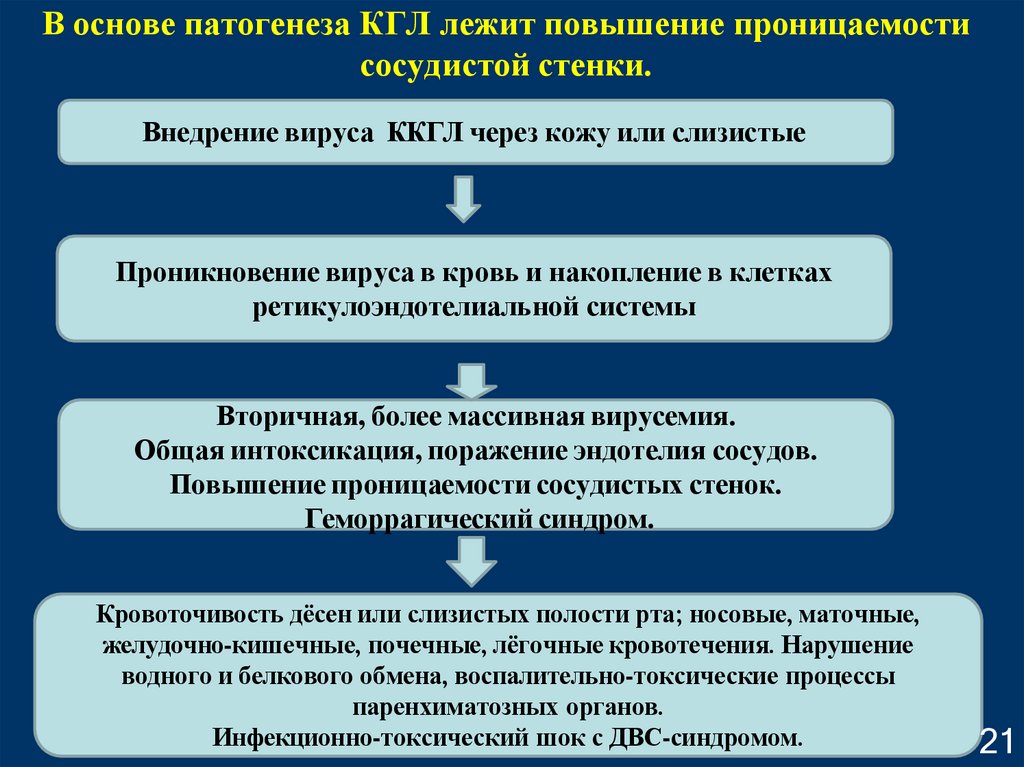 В основе патогенеза КГЛ лежит повышение проницаемости сосудистой стенки.