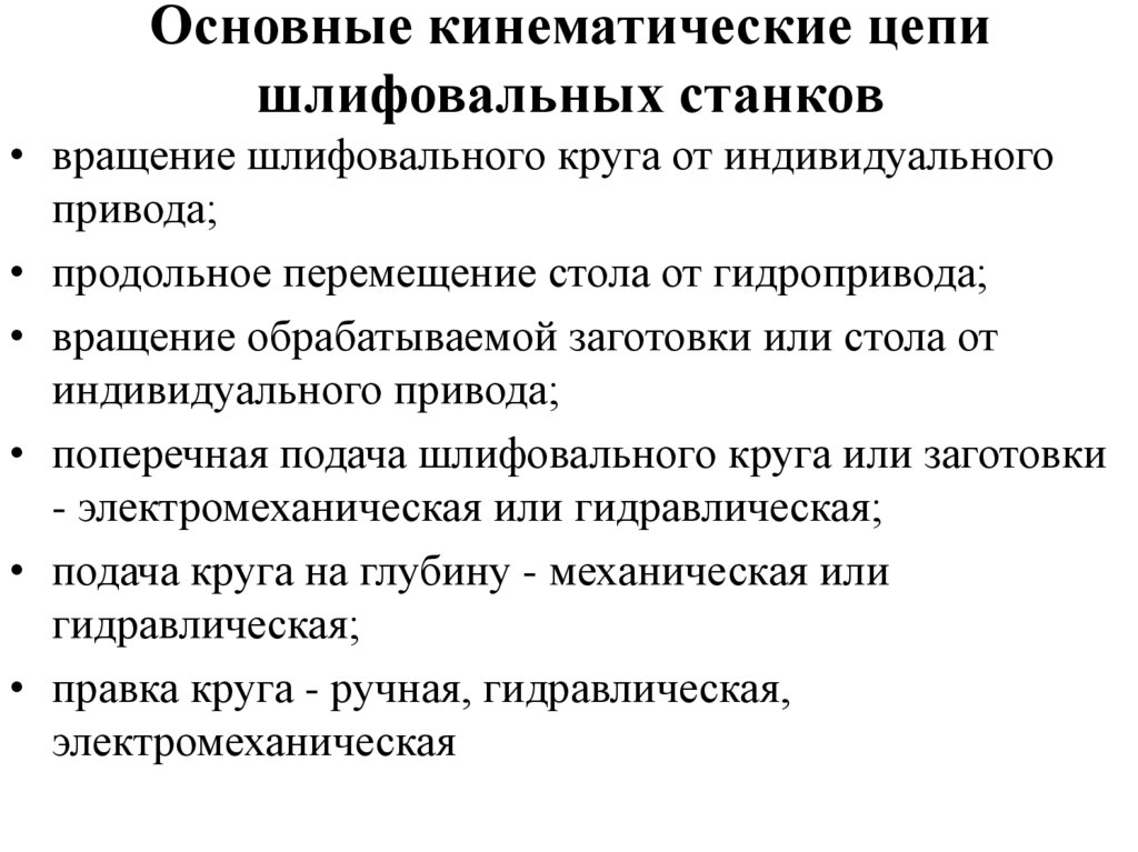 Основные кинематические цепи шлифовальных станков