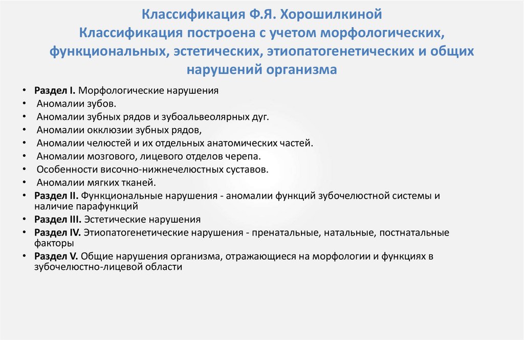 Классификация Ф.Я. Хорошилкиной Классификация построена с учетом морфологических, функциональных, эстетических,