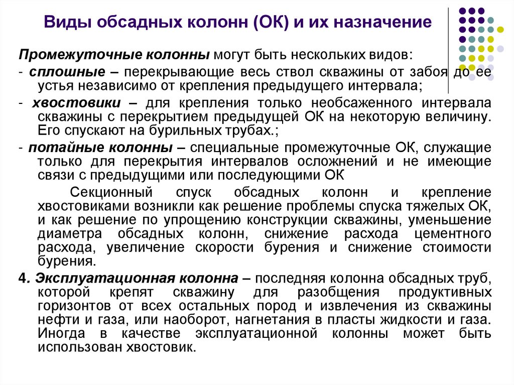 Виды обсадных колонн (ОК) и их назначение