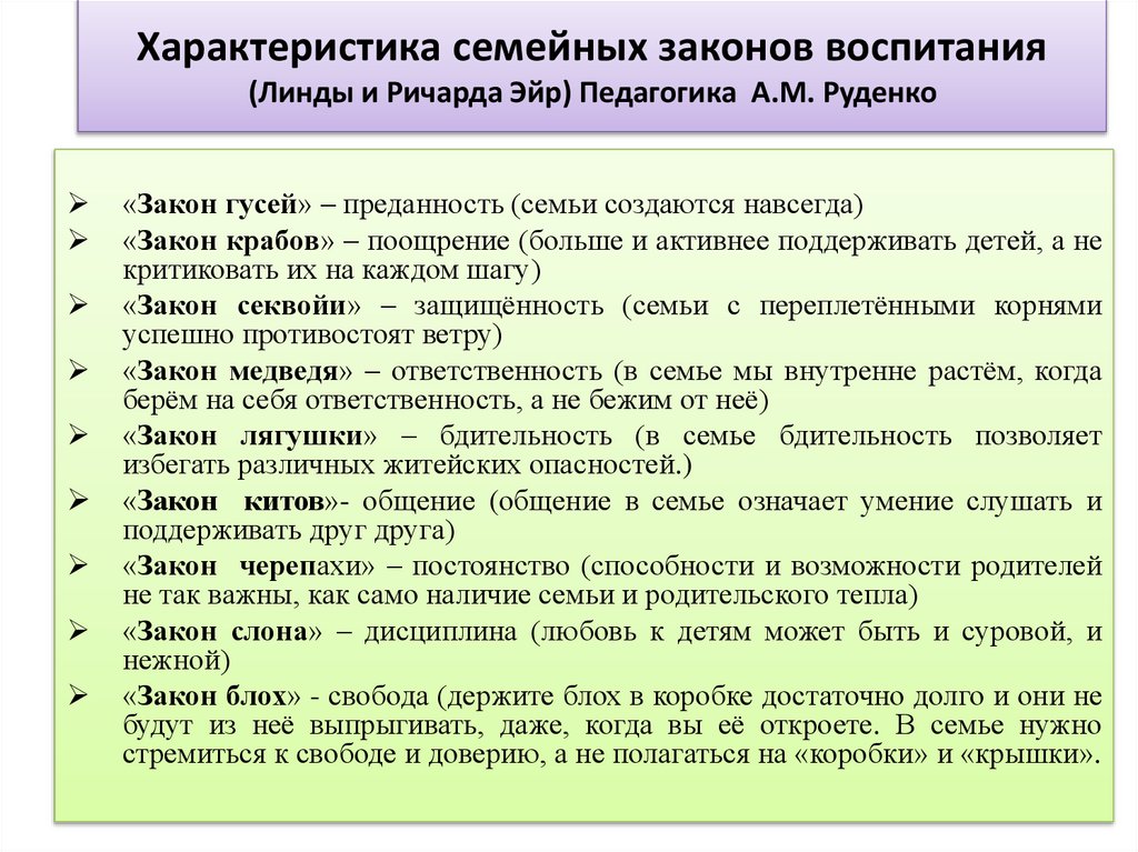 Характеристика семейных законов воспитания (Линды и Ричарда Эйр) Педагогика А.М. Руденко