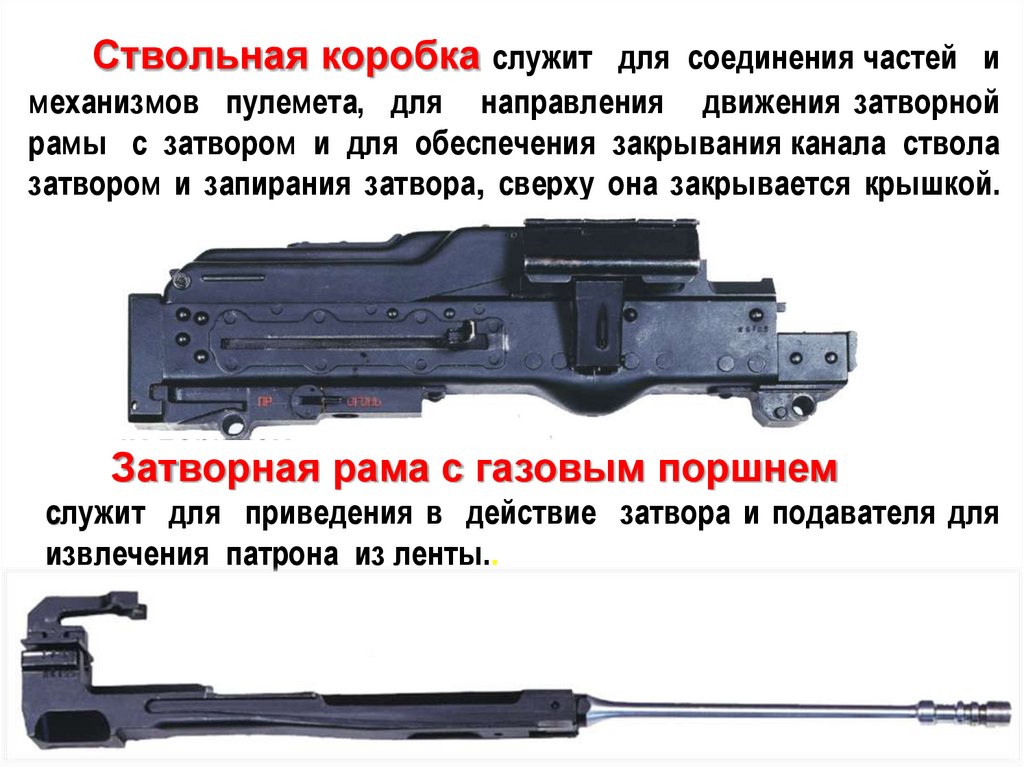 Ствольная коробка служит для соединения частей и механизмов пулемета, для направления движения затворной рамы с затвором и для
