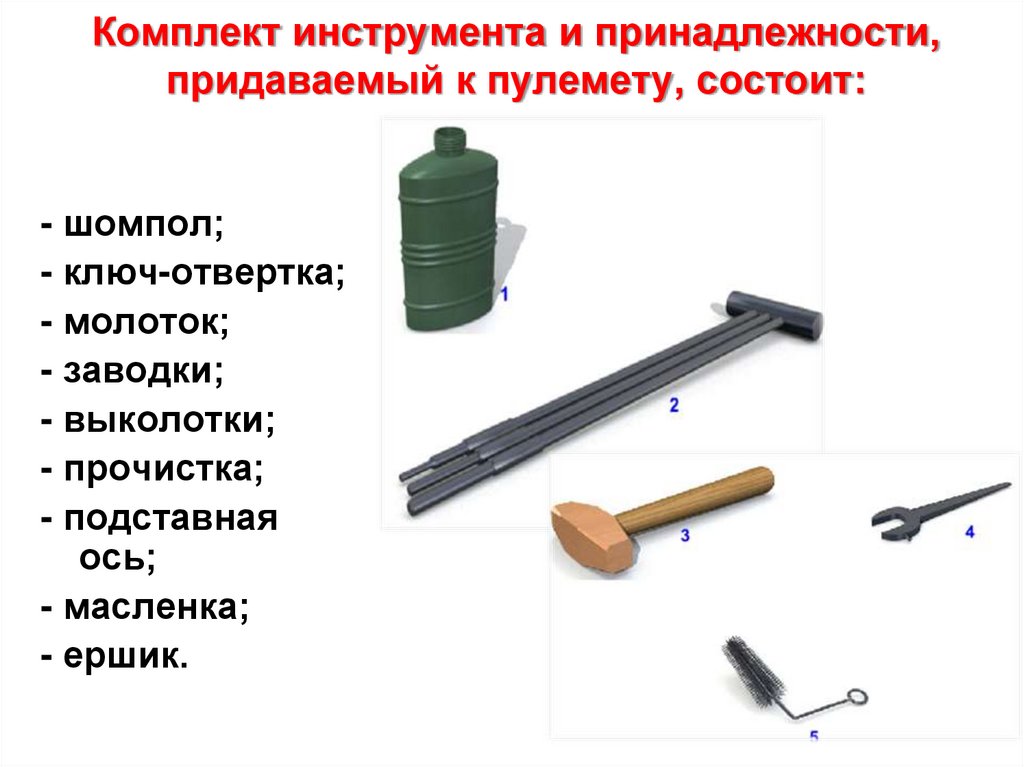 Комплект инструмента и принадлежности, придаваемый к пулемету, состоит: