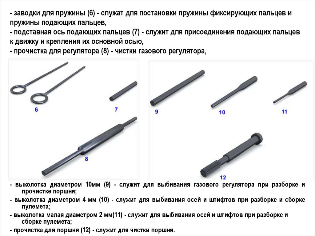 - заводки для пружины (6) - служат для постановки пружины фиксирующих пальцев и пружины подающих пальцев, - подставная ось