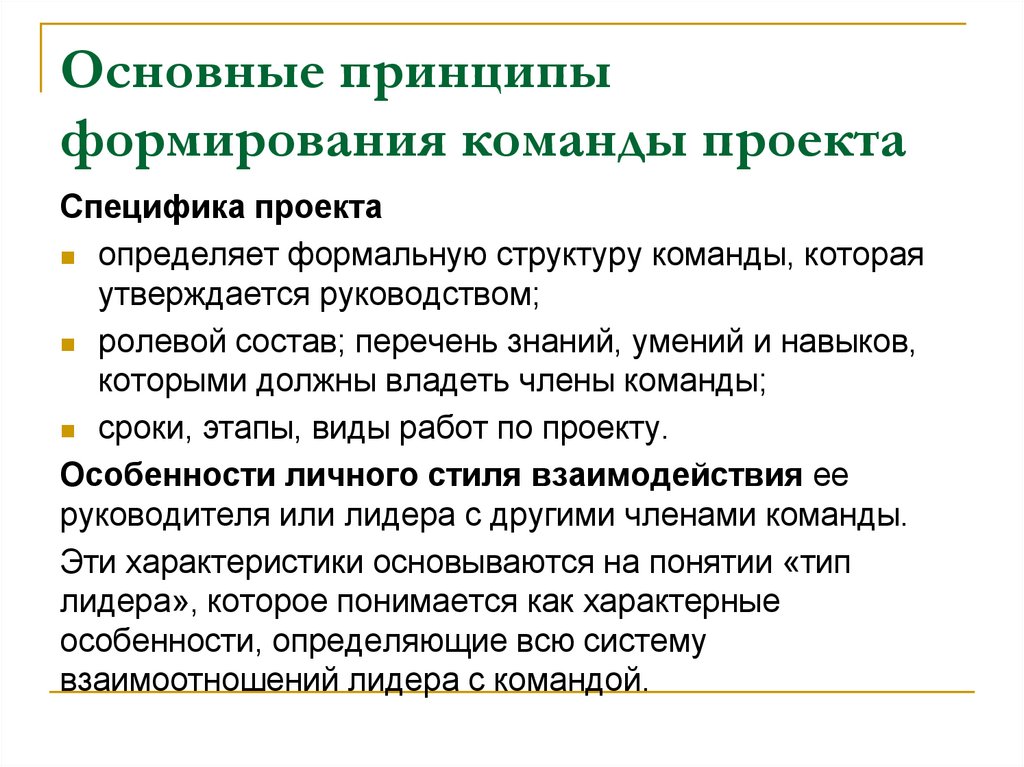 Основные принципы формирования команды проекта