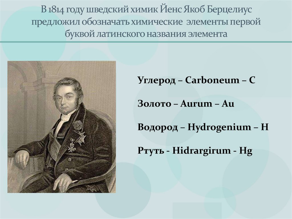 В 1814 году шведский химик Йенс Якоб Берцелиус предложил обозначать химические элементы первой буквой латинского названия