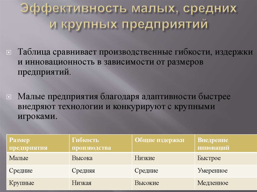 Эффективность малых, средних и крупных предприятий