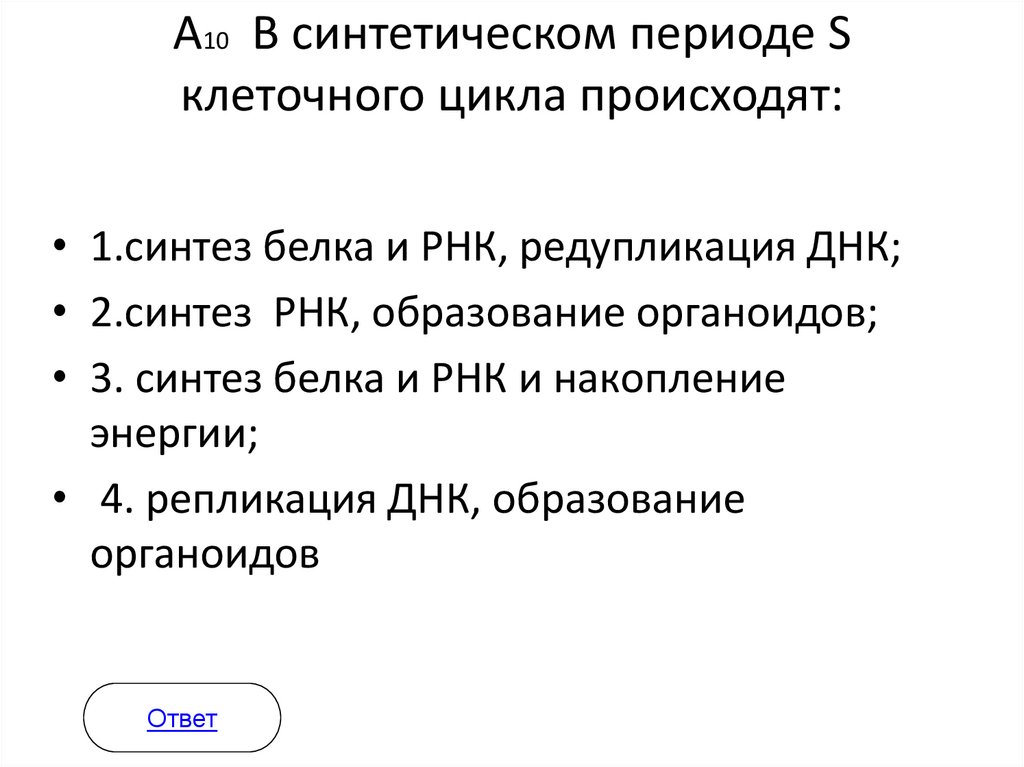 А10 В синтетическом периоде S клеточного цикла происходят: