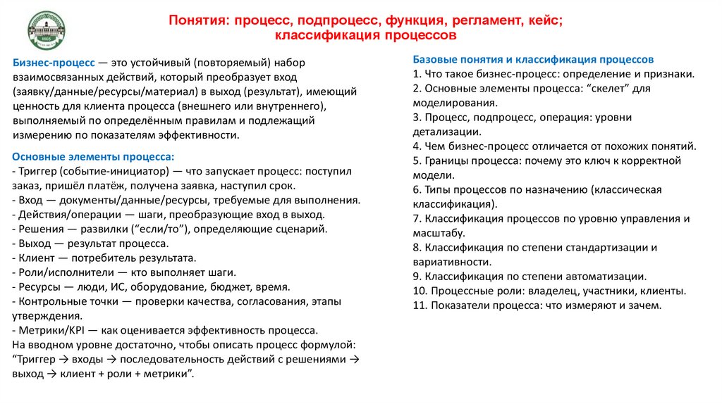 Понятия: процесс, подпроцесс, функция, регламент, кейс; классификация процессов