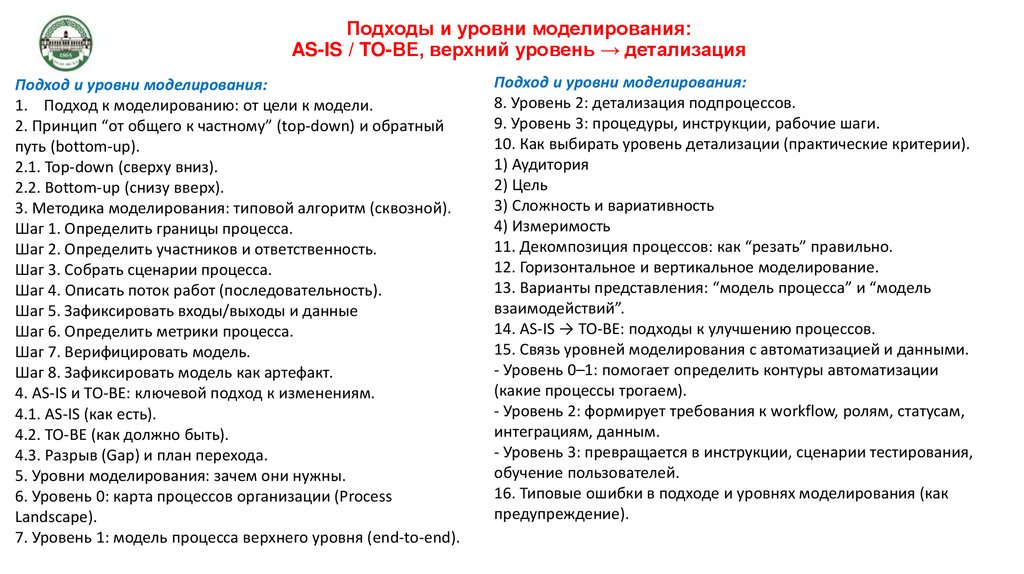 Подходы и уровни моделирования: AS-IS / TO-BE, верхний уровень → детализация