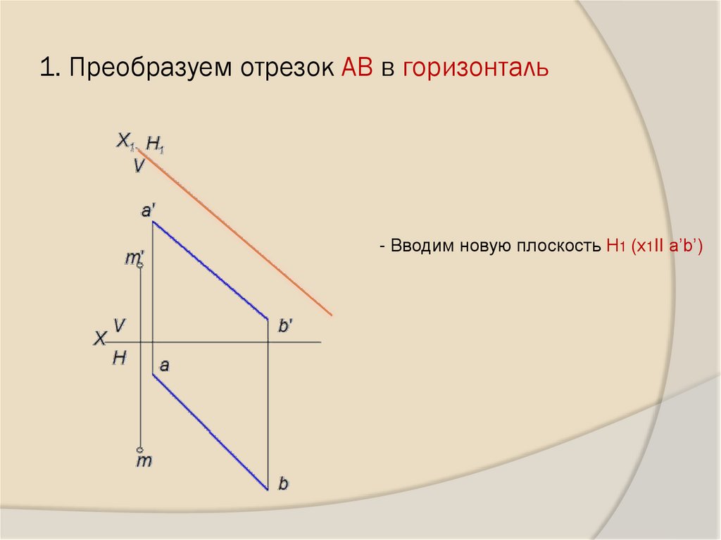 1. Преобразуем отрезок АВ в горизонталь