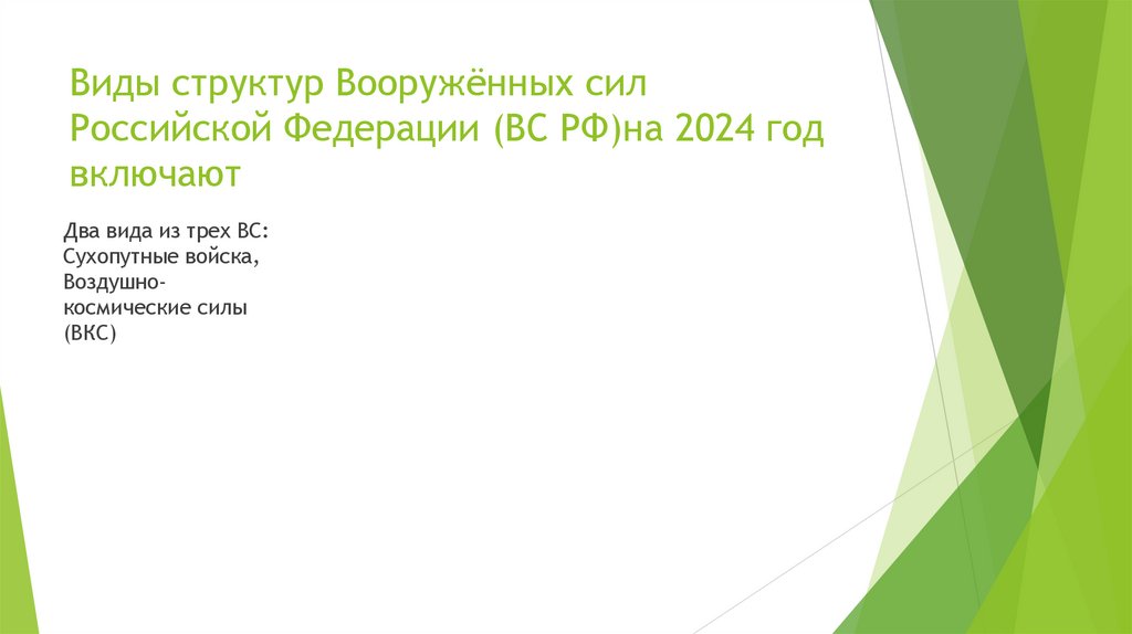 Виды структур Вооружённых сил Российской Федерации (ВС РФ)на 2024 год включают