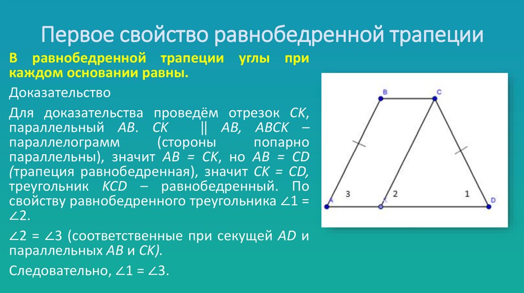Первое свойство равнобедренной трапеции