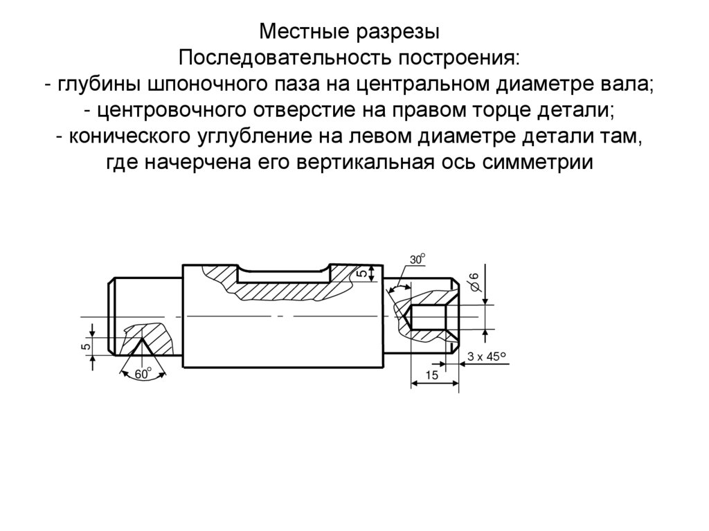 Местные разрезы Последовательность построения: - глубины шпоночного паза на центральном диаметре вала; - центровочного