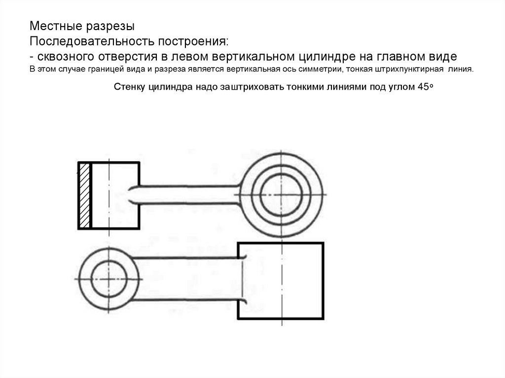 Местные разрезы Последовательность построения: - сквозного отверстия в левом вертикальном цилиндре на главном виде В этом