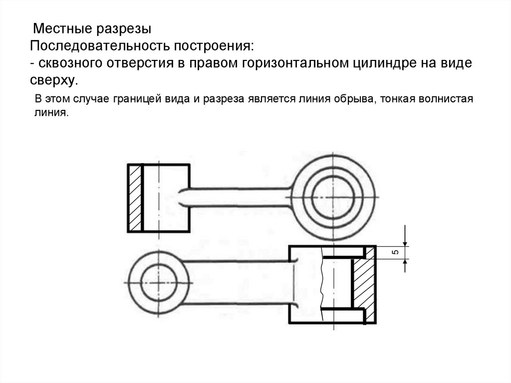 Местные разрезы Последовательность построения: - сквозного отверстия в правом горизонтальном цилиндре на виде сверху.