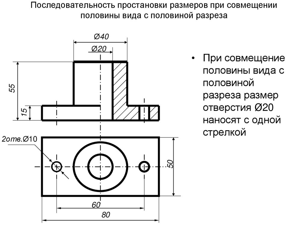 Последовательность простановки размеров при совмещении половины вида с половиной разреза