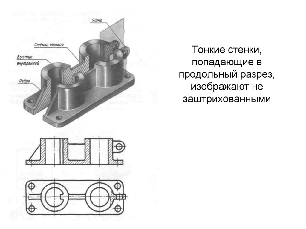 Тонкие стенки, попадающие в продольный разрез, изображают не заштрихованными