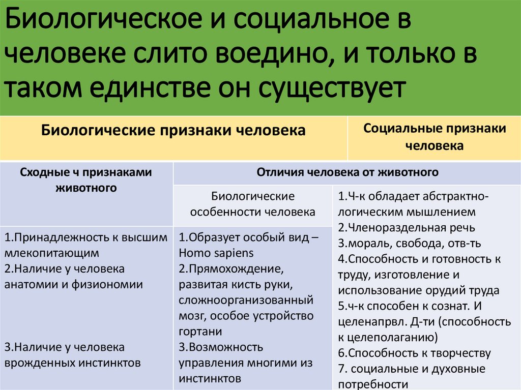 Биологическое и социальное в человеке слито воедино, и только в таком единстве он существует