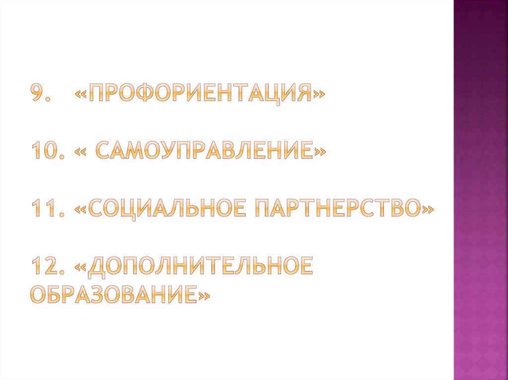 9. «Профориентация» 10. « Самоуправление» 11. «Социальное партнерство» 12. «Дополнительное образование»