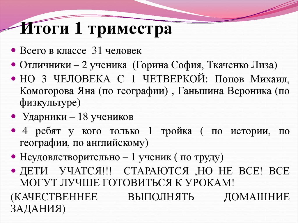 Итоги 1 триместра