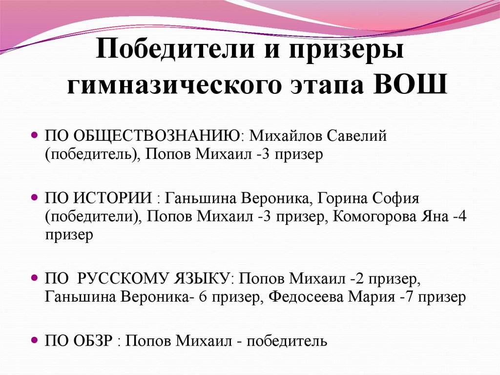 Победители и призеры гимназического этапа ВОШ
