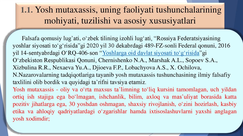 1.1. Yosh mutaxassis, uning faoliyati tushunchalarining mohiyati, tuzilishi va asosiy xususiyatlari