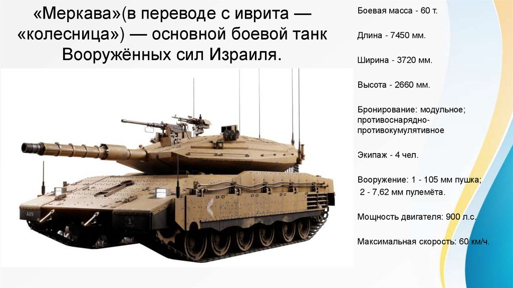 «Меркава»(в переводе с иврита — «колесница») — основной боевой танк Вооружённых сил Израиля.