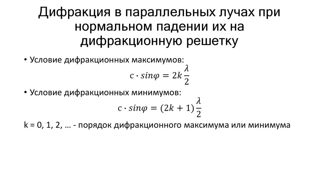 Дифракция в параллельных лучах при нормальном падении их на дифракционную решетку