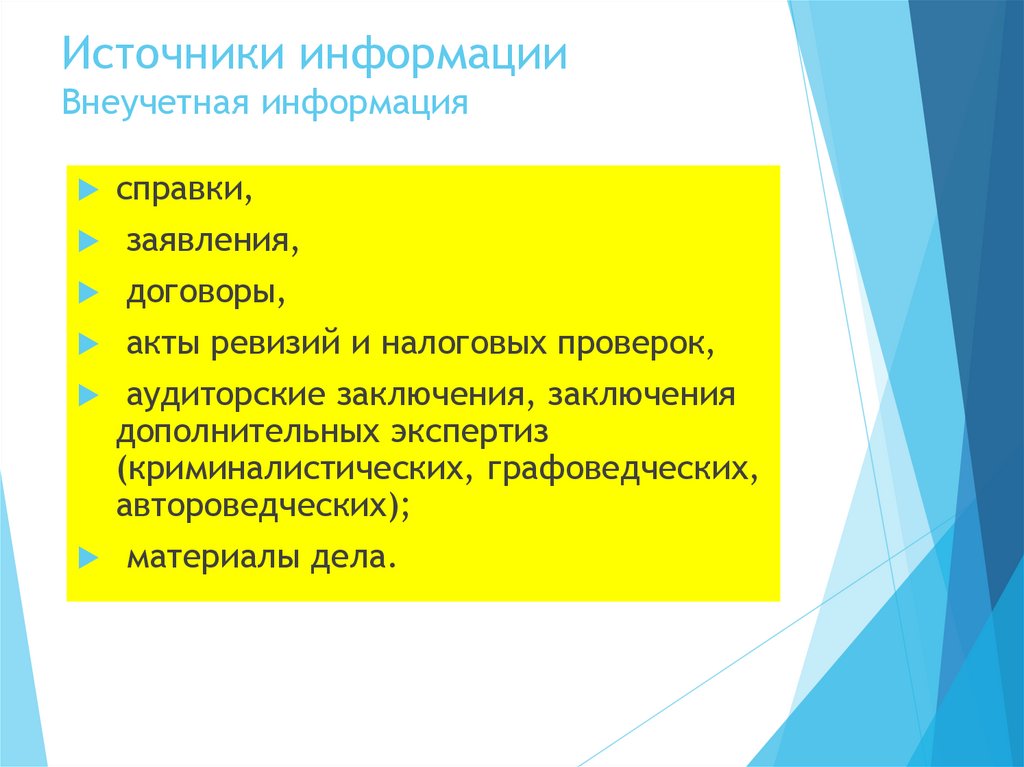 Источники информации Внеучетная информация