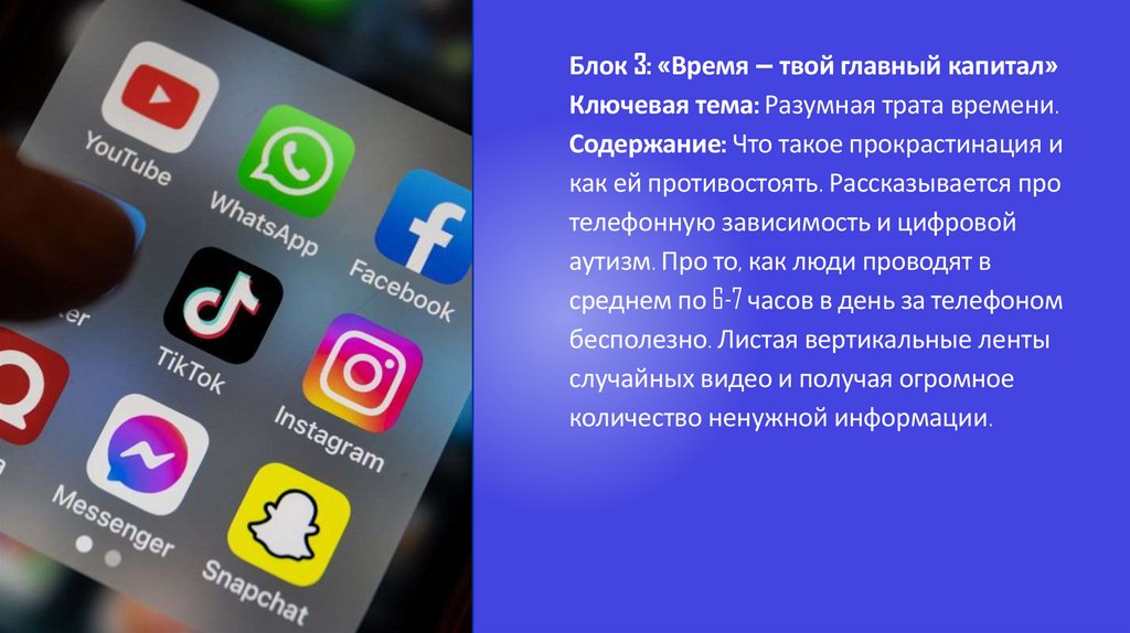 Блок 3: «Время — твой главный капитал» Ключевая тема: Разумная трата времени. Содержание: Что такое прокрастинация и как ей