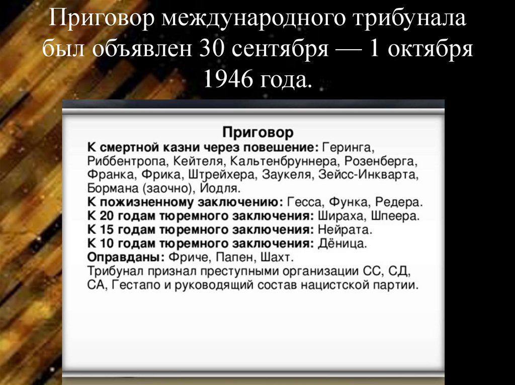 Приговор международного трибунала был объявлен 30 сентября — 1 октября 1946 года.