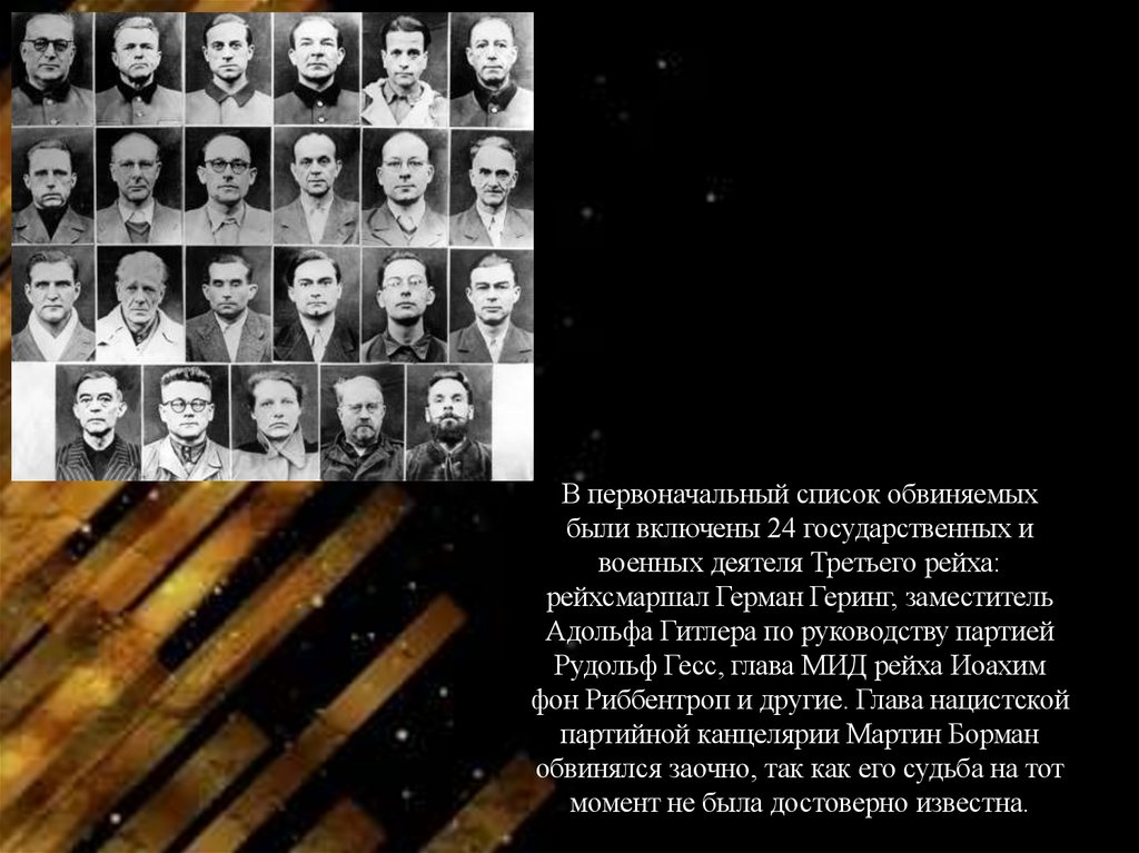 В первоначальный список обвиняемых были включены 24 государственных и военных деятеля Третьего рейха: рейхсмаршал Герман