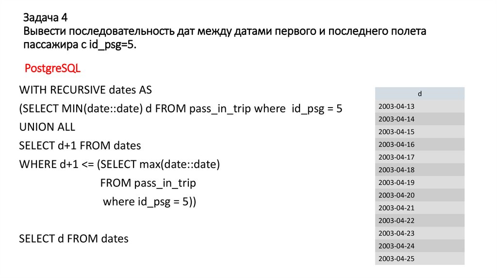 Задача 4 Вывести последовательность дат между датами первого и последнего полета пассажира с id_psg=5.