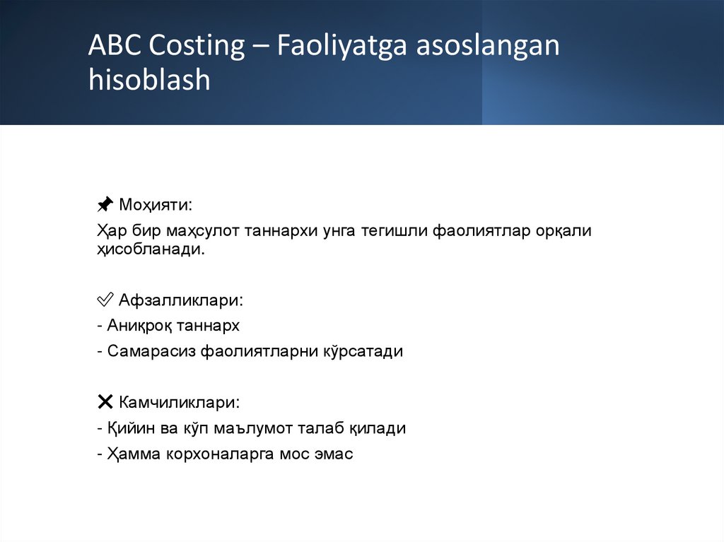 ABC Costing – Faoliyatga asoslangan hisoblash