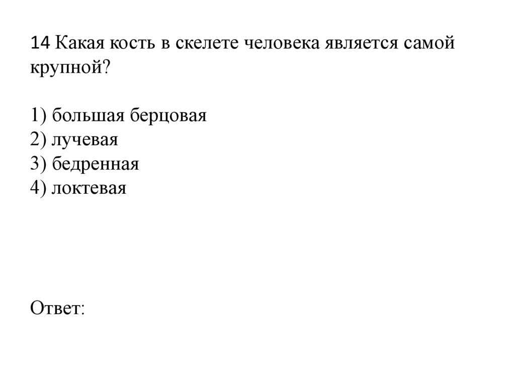   14 Какая кость в скелете человека является самой крупной?   1) большая берцовая 2) лучевая 3) бедренная 4) локтевая Ответ:
