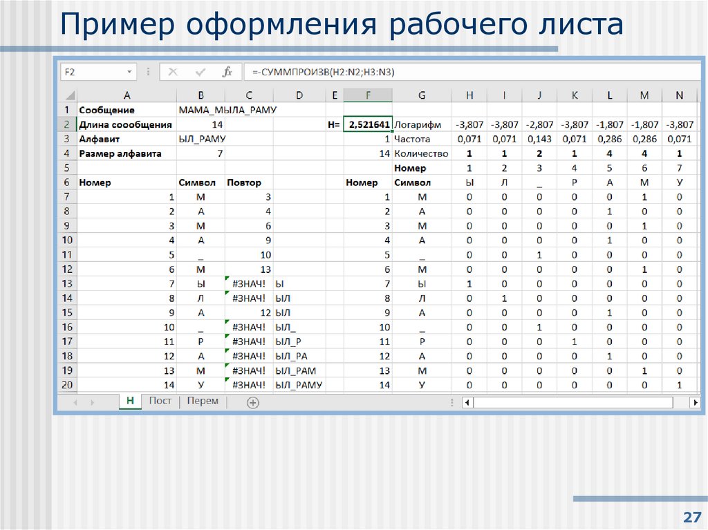 Пример оформления рабочего листа
