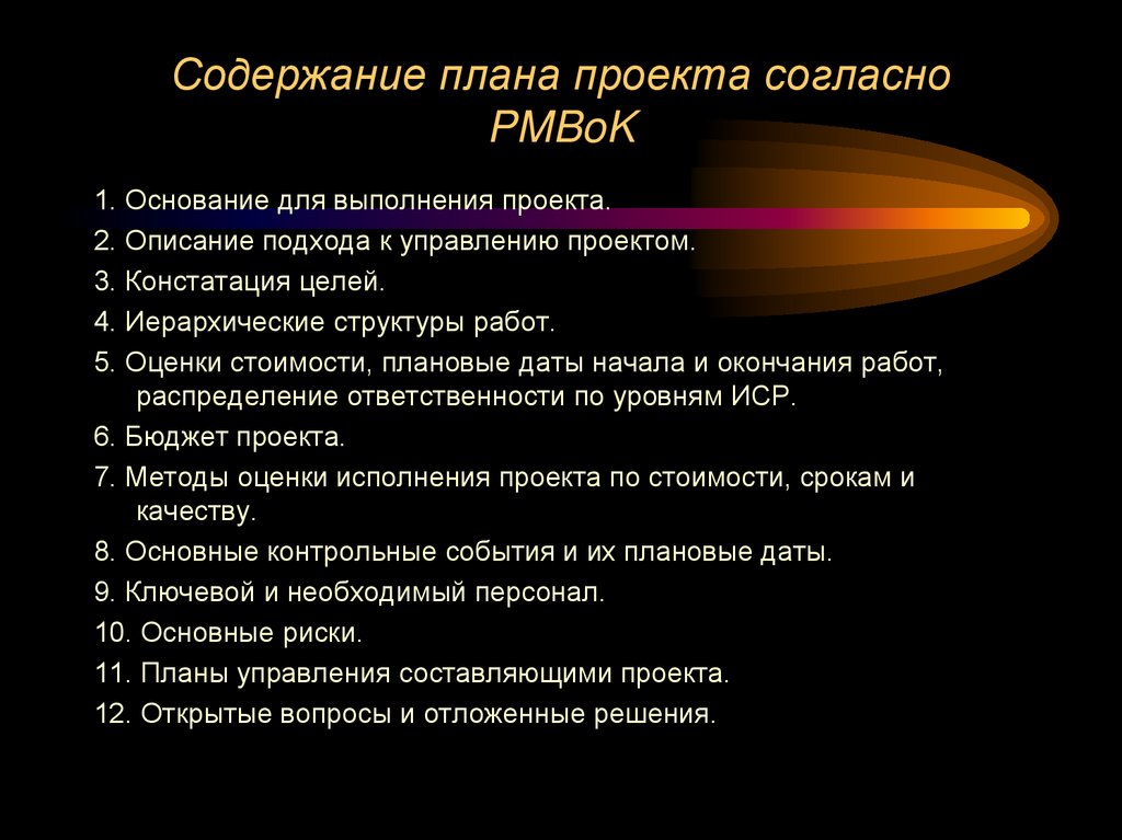 Содержание плана проекта согласно PMBoK