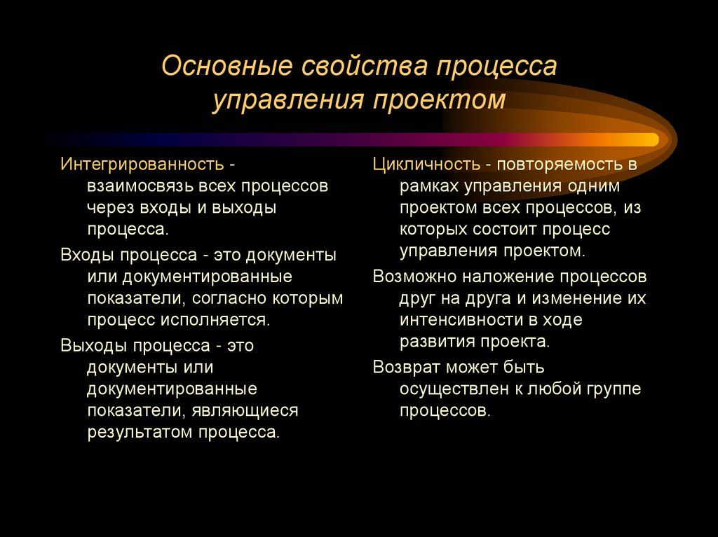 Основные свойства процесса управления проектом