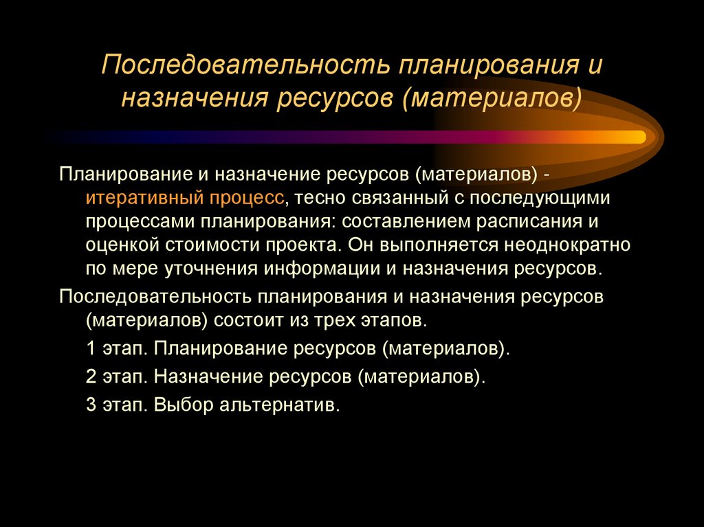 Последовательность планирования и назначения ресурсов (материалов)