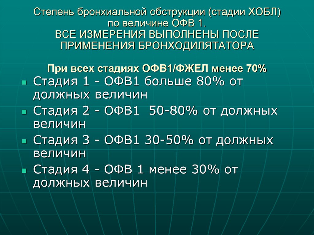 Степень бронхиальной обструкции (стадии ХОБЛ) по величине ОФВ 1. ВСЕ ИЗМЕРЕНИЯ ВЫПОЛНЕНЫ ПОСЛЕ ПРИМЕНЕНИЯ БРОНХОДИЛЯТАТОРА При