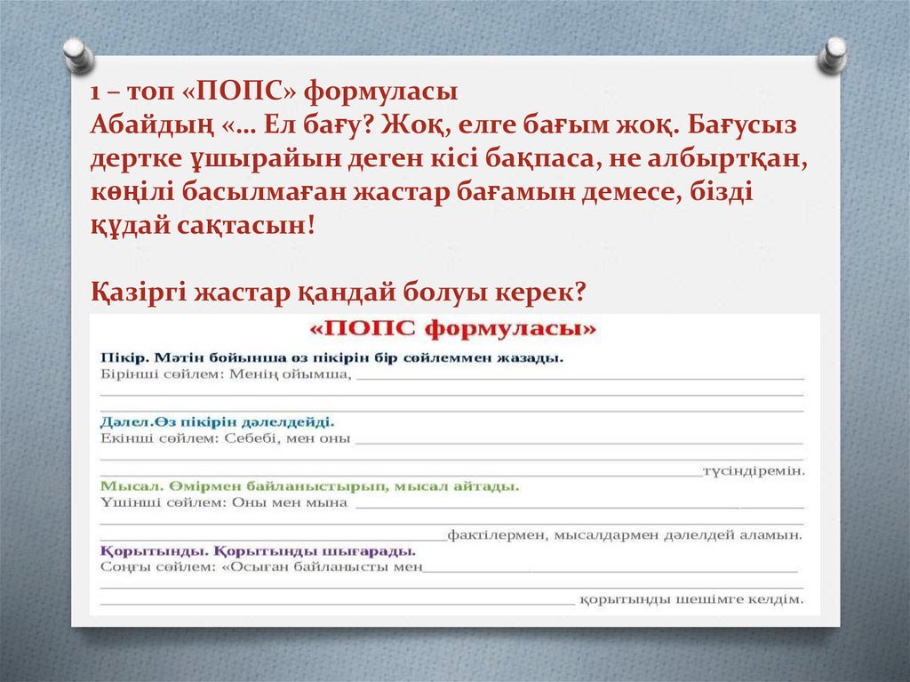 1 – топ «ПОПС» формуласы Абайдың «… Ел бағу? Жоқ, елге бағым жоқ. Бағусыз дертке ұшырайын деген кісі бақпаса, не албыртқан,