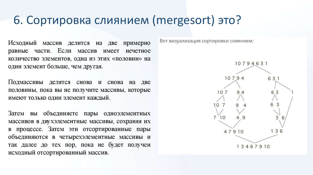6. Сортировка слиянием (mergesort) это?