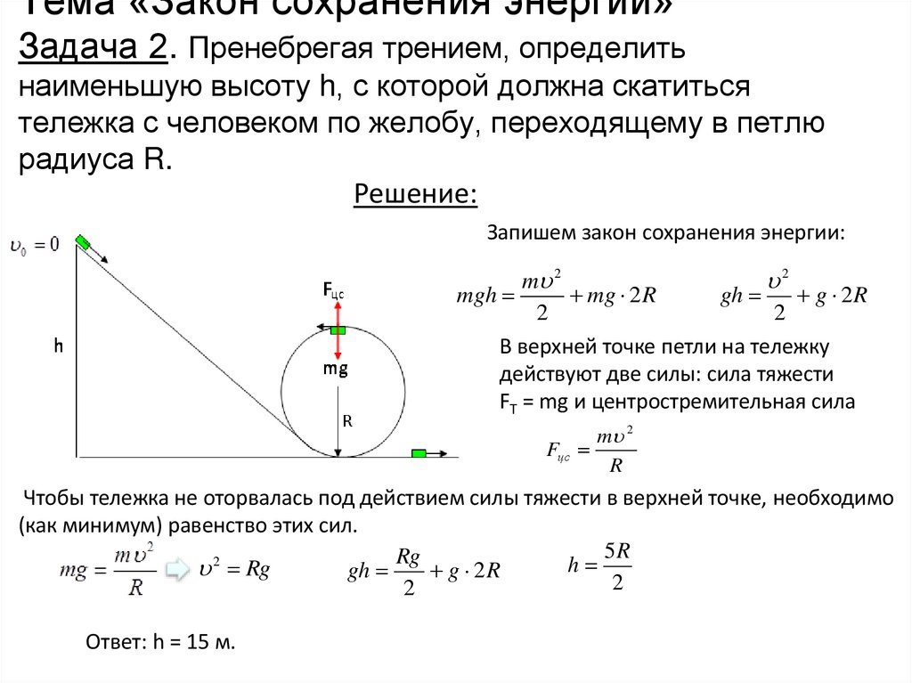 Тема «Закон сохранения энергии» Задача 2. Пренебрегая трением, определить наименьшую высоту h, с которой должна скатиться